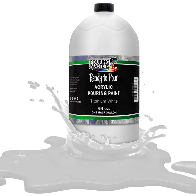 Pouring Masters طلاء أكريليك أبيض تيتانيوم جاهز للصب من بورينج ماسترز - طلاء فاخر مائي مُجهز مسبقًا سعة 64 أونصة - مناسب للرسم على القماش والخشب والورق والأعمال اليدوية والبلاط والصخور وغيرها - Image 1